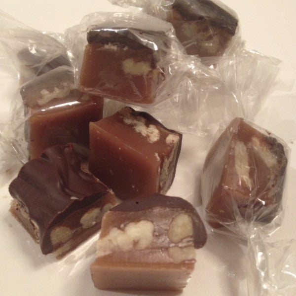 Dark Chocolate Topped Smoked Salt Pecan Hoss Caramels